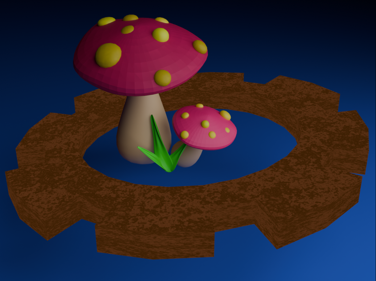 Rendering of two mushrooms growing through the center of a rusted mechanical gear.